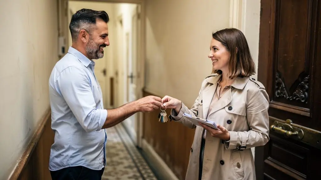 Propriétaire bailleur remettant les clés à un nouveau locataire devant la porte d'un appartement